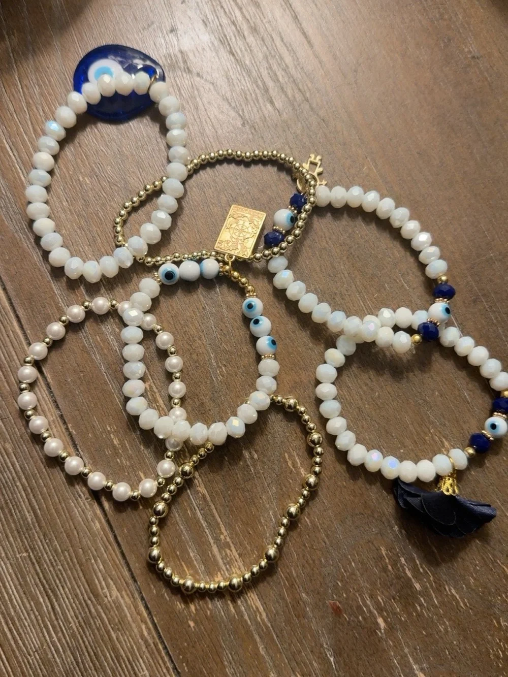 White and Blue Beaded Women’s Bracelet Stack with Gold Accents